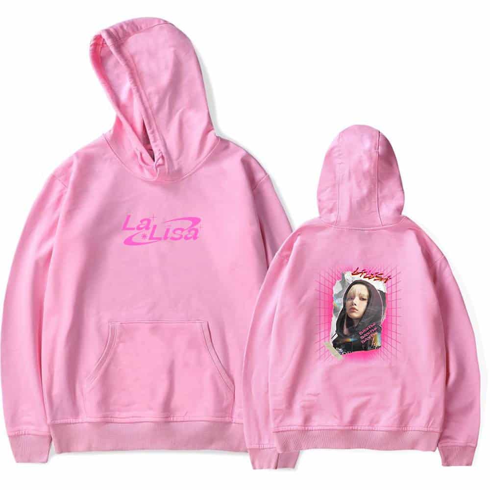 Pink Justin Bieber swag hoodie with La Lisa graphic design on the front and a poster image on the back. Perfect for fans who love stylish, pop-inspired fashion and streetwear.