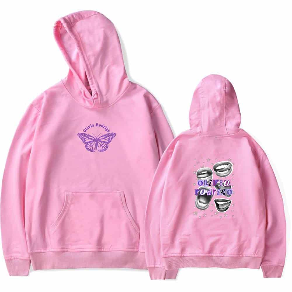 Butterfly logo hoodie with personalized Olivia Rodrigo text in purple on the front and a smiley face design on the back, in pastel pink color.