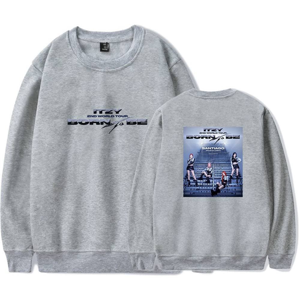 Itzy 2nd world tour born to be sweatshirt, grey with tour graphic design, stylish and trendy swag merch for fans, perfect for casual wear and concert memories.
