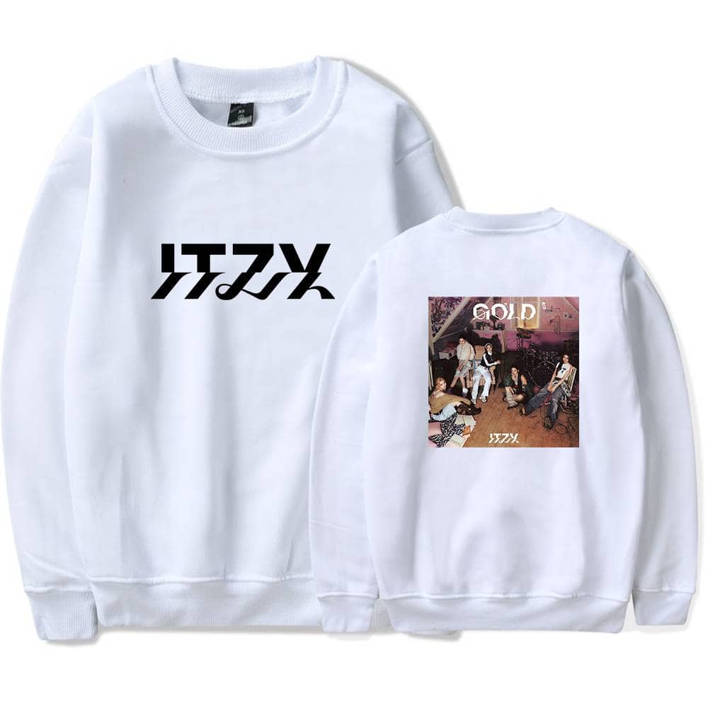 ITZY swag merch sweatshirt with group photo print and bold logo design on front and back.