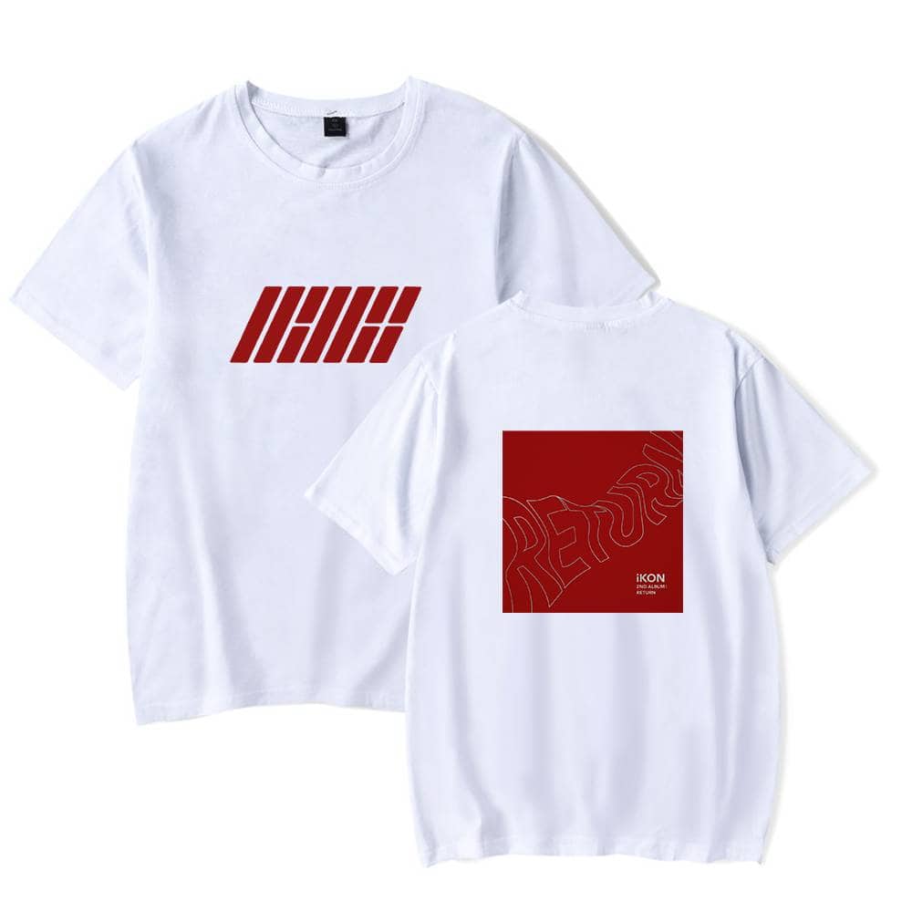 IHUH logo graphic on front of white t-shirt, bold red design, stylish and modern.