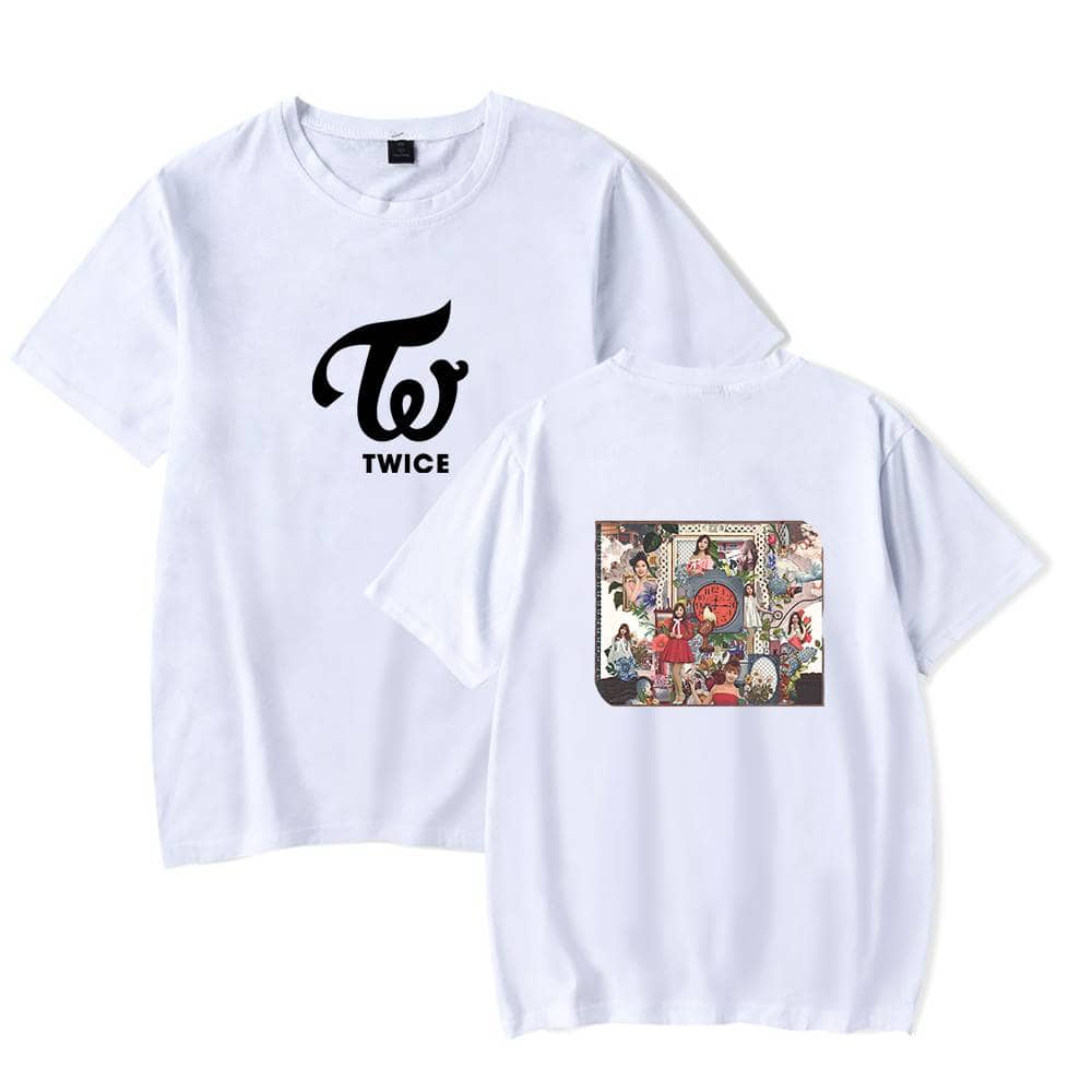 Twice logo t-shirt, white casual tee with black graphic print, stylish and trendy merch for K-pop fans, perfect for daily wear or concerts, high-quality cotton material.