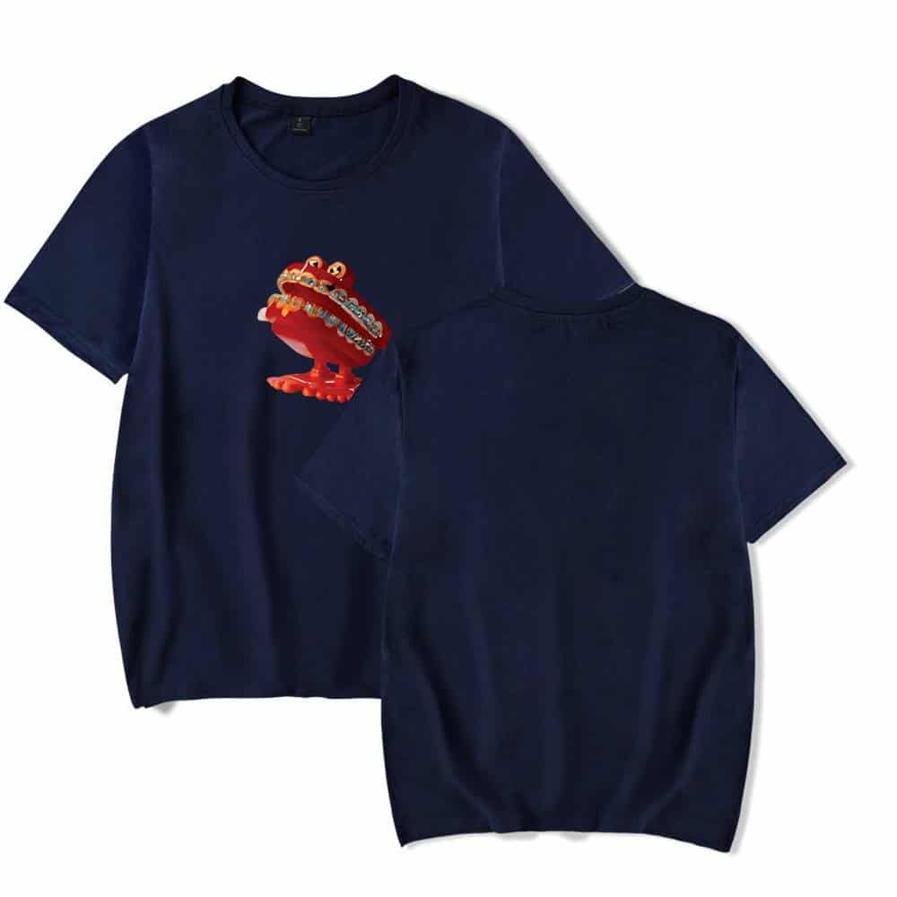 Bright navy Justin Bieber swag merch t-shirt featuring a colorful, cartoonish mouth graphic with braces on the front. Comfortable and stylish for fans of Justin Bieber’s fashion line and merch.