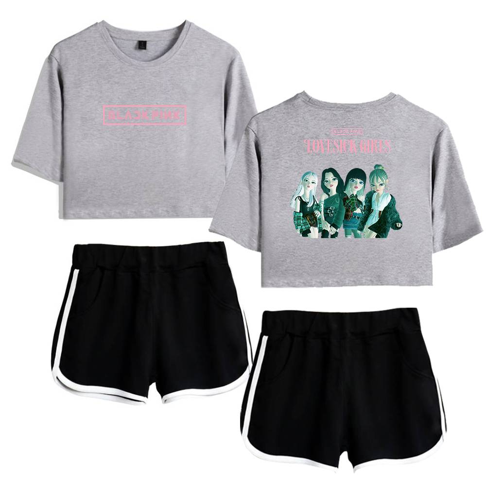 Cute gray crop top sweatshirt featuring BLACKPINK logo and girl band graphic design, paired with black athletic shorts with white piping, perfect for casual swag fashion.