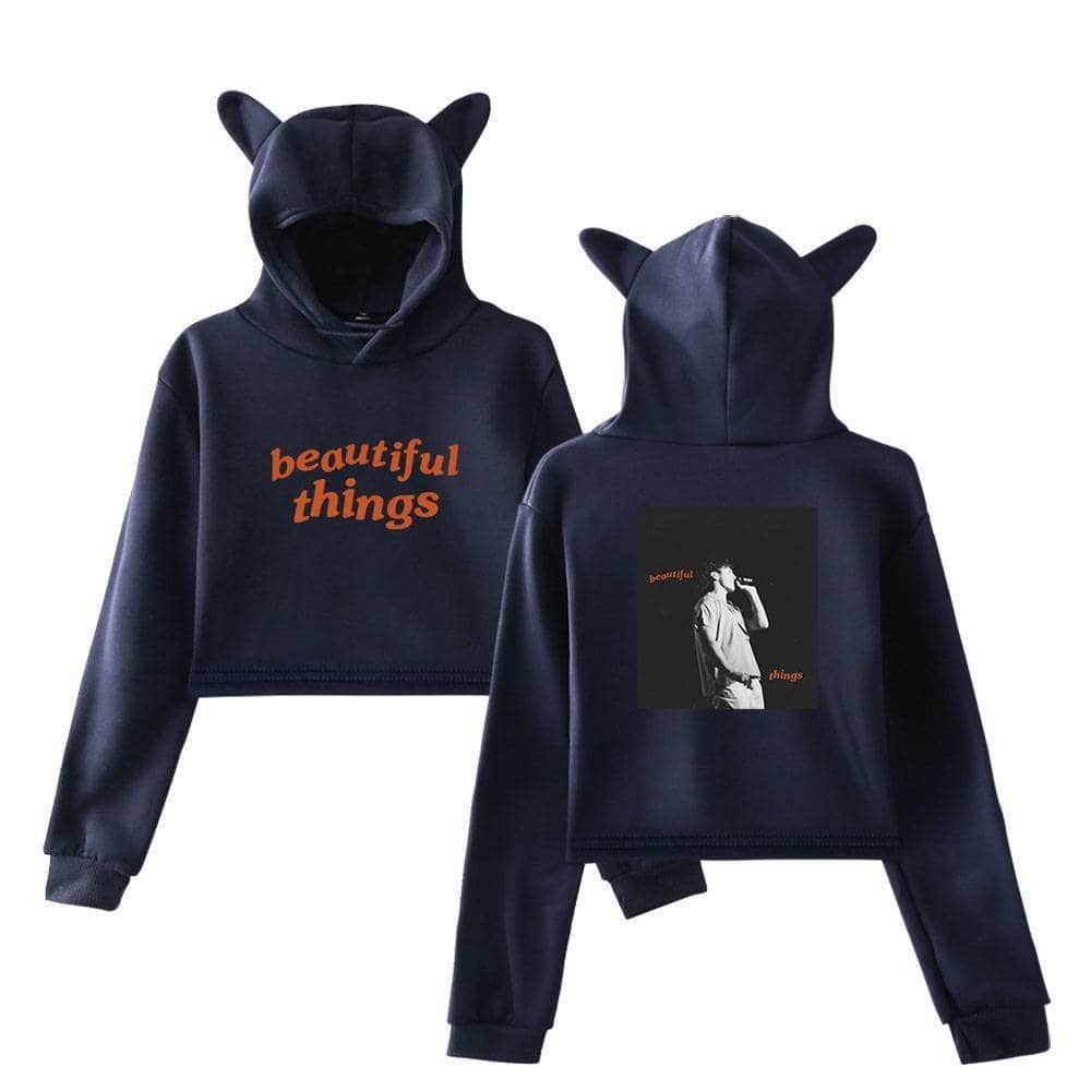 Cute navy hoodie set with bear ears, featuring "beautiful things" text and a black-and-white photo of Justin Bieber, perfect for stylish swag merch fans.