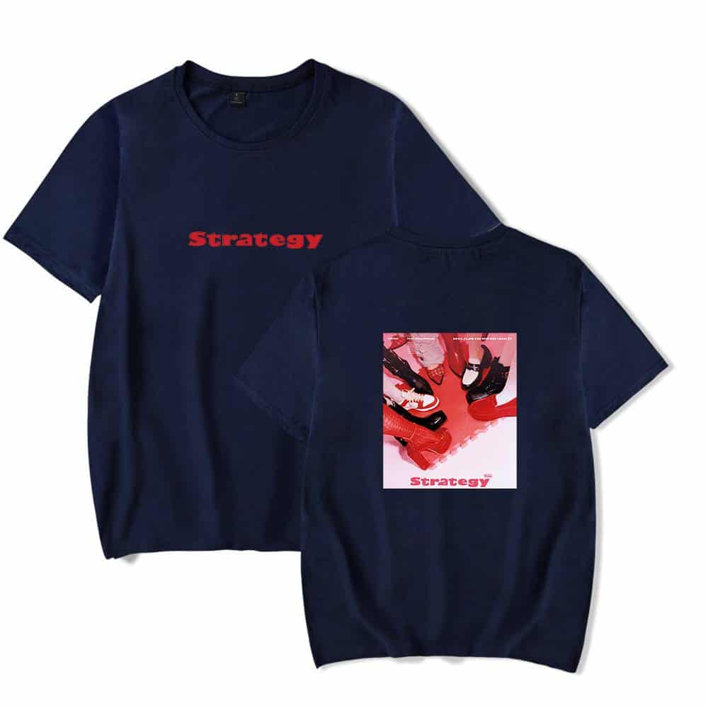 Bold red "Strategy" text on navy blue t-shirts featuring a design with various trendy sneakers and "Strategy" branding. Perfect swag merch for Justin Bieber fans looking to showcase style.
