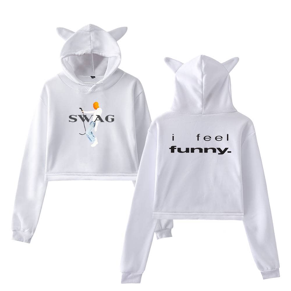 White hoodie with cartoon image and text, "SWAG" on front and "i feel funny." on back, with playful animal ears on the hood.