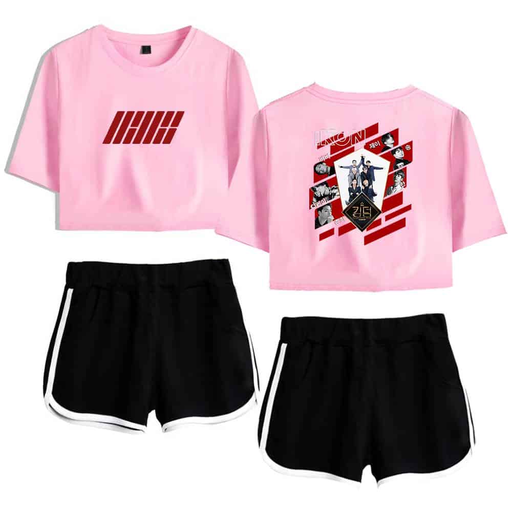 Pink crop top featuring bold red graphic design with "IIIIH" lettering; stylish black shorts with white trim; trendy Justin Bieber swag merchandise for fans; casual and fashionable outfit for fans of Justin Bieber; perfect for concerts, casual outings, or collectible fan apparel.
