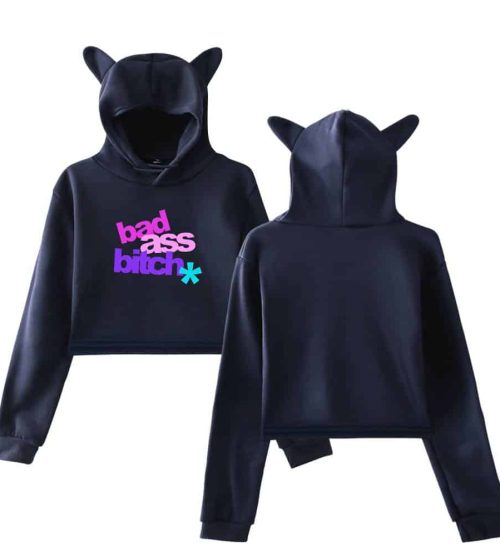 Bad ass bitch hoodie with cat ears, black with colorful text, stylish and edgy swag merch for Justin Bieber fans.