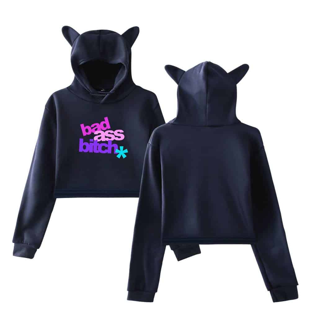 Bad ass bitch hoodie with cat ears, black with colorful text, stylish and edgy swag merch for Justin Bieber fans.