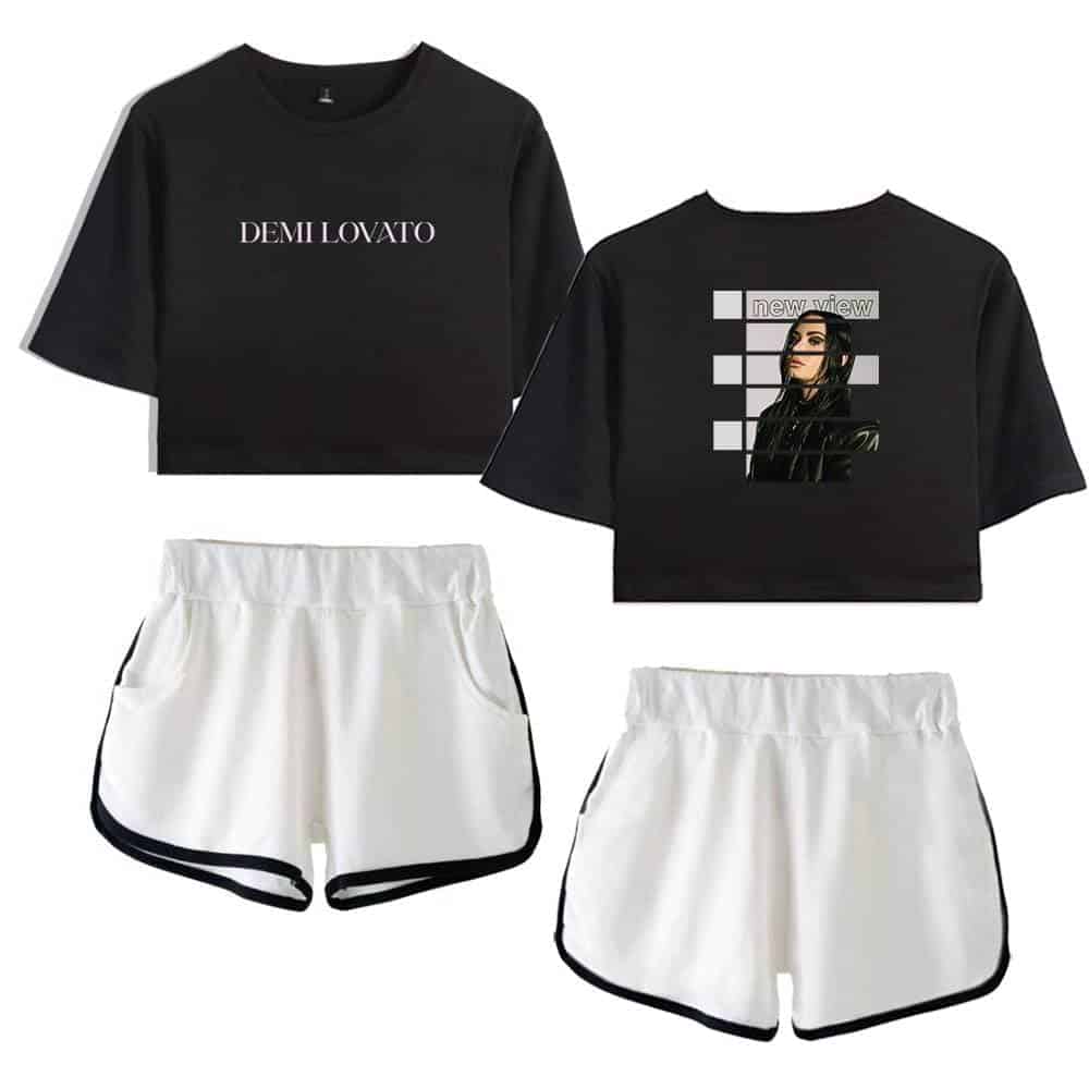 Demi Lovato swag concert merchandise black crop top and white athletic shorts set, perfect for casual or concert wear.