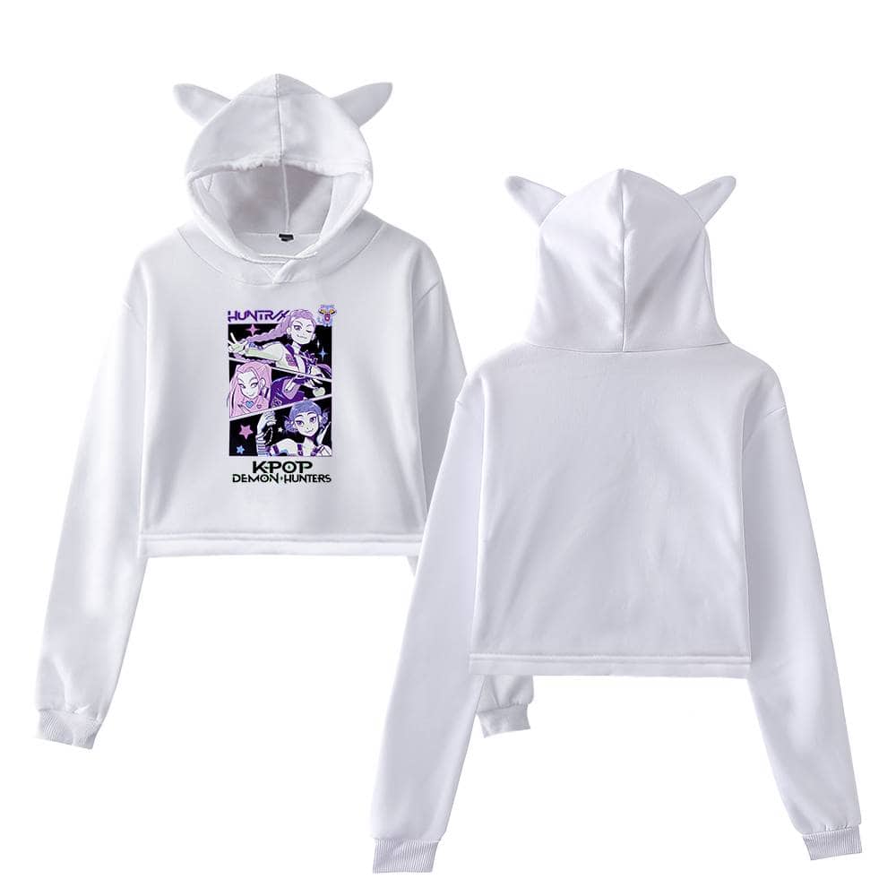 Hoodie with anime-style Demon Hunters graphic, featuring purple and black colors, and bunny ear hood design, inspired by K-pop and Justin Bieber swag merch trends.