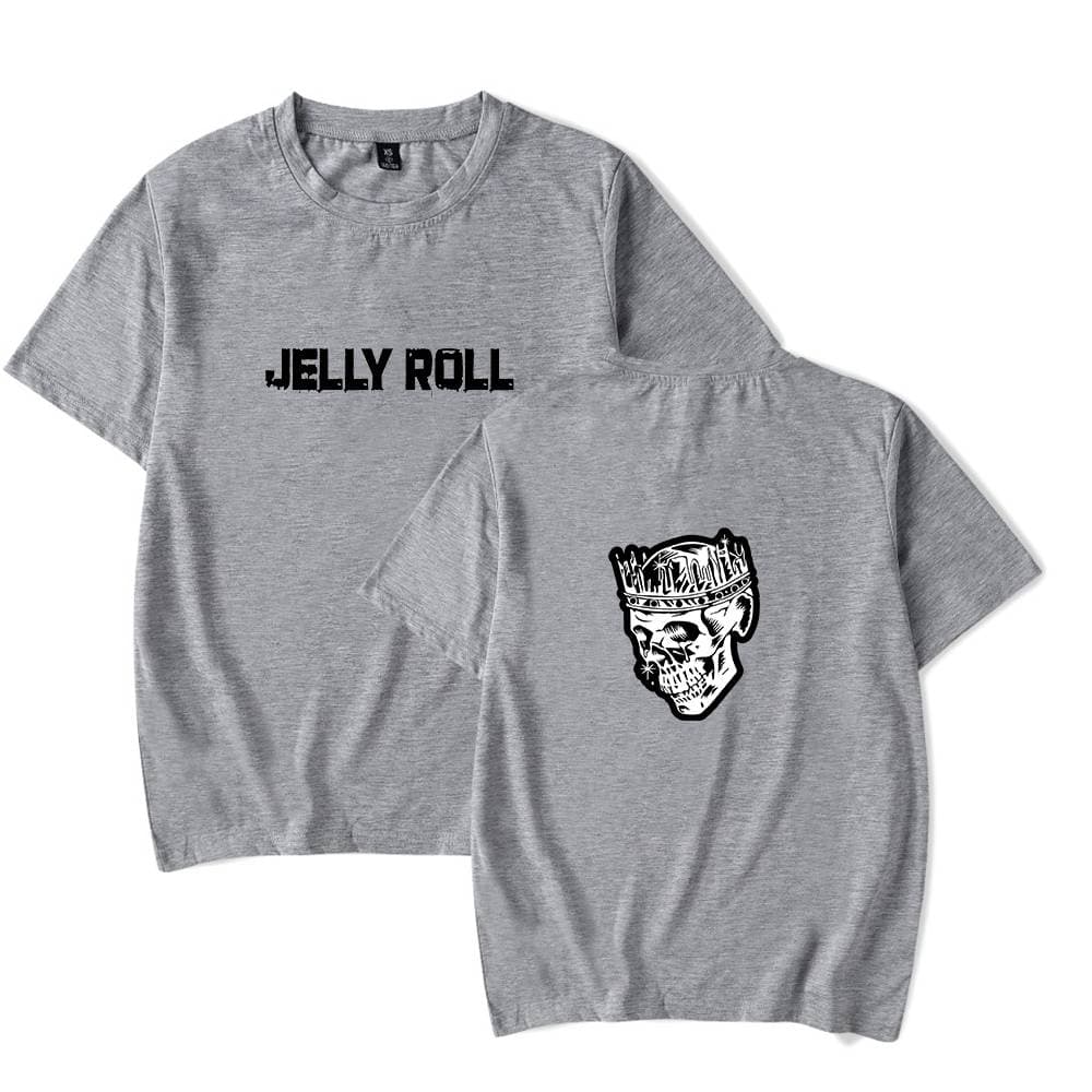 Jelly Roll graphic t-shirt featuring a skull with a crown, urban streetwear style, perfect for Justin Bieber swag merch fans.