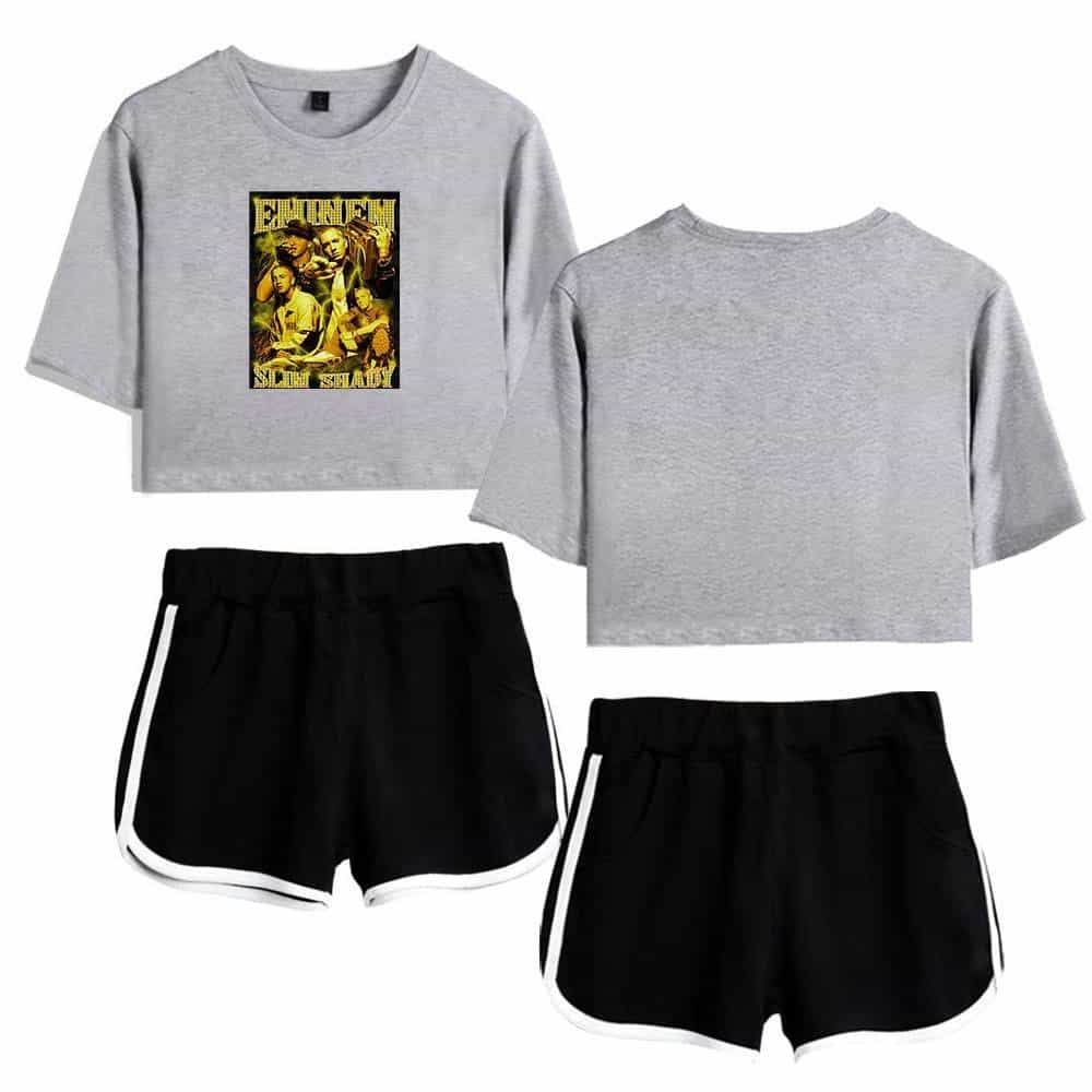 Oversized gray Justin Bieber swag graphic t-shirt paired with black athletic shorts with white trim. Perfect casual streetwear for fans of Bieber's merchandise style.