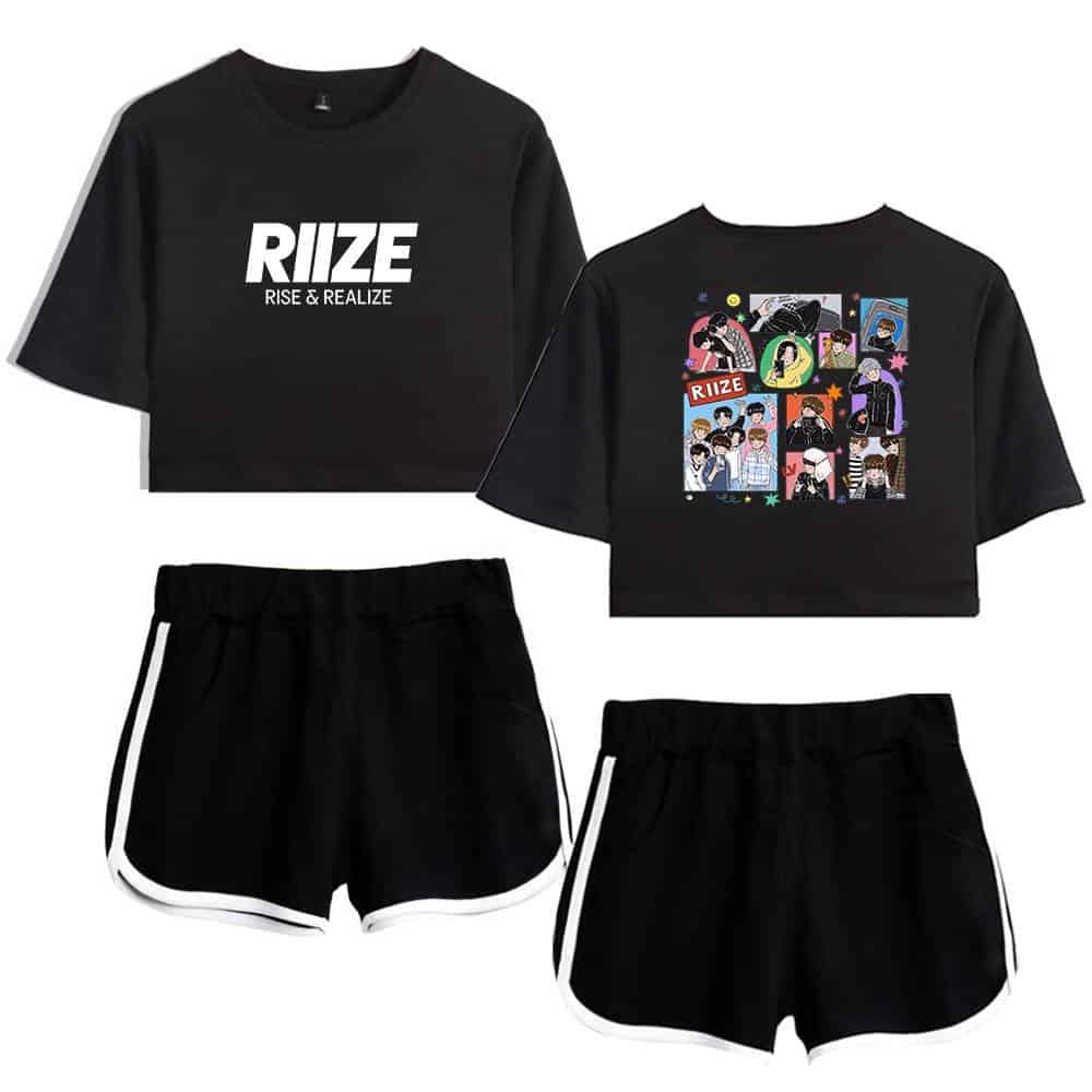 RIZE swag apparel set featuring a black crop top with bold white "RIZE RISE & REALIZE" text and a colorful graphic print on the back, paired with stylish black shorts with white trim.