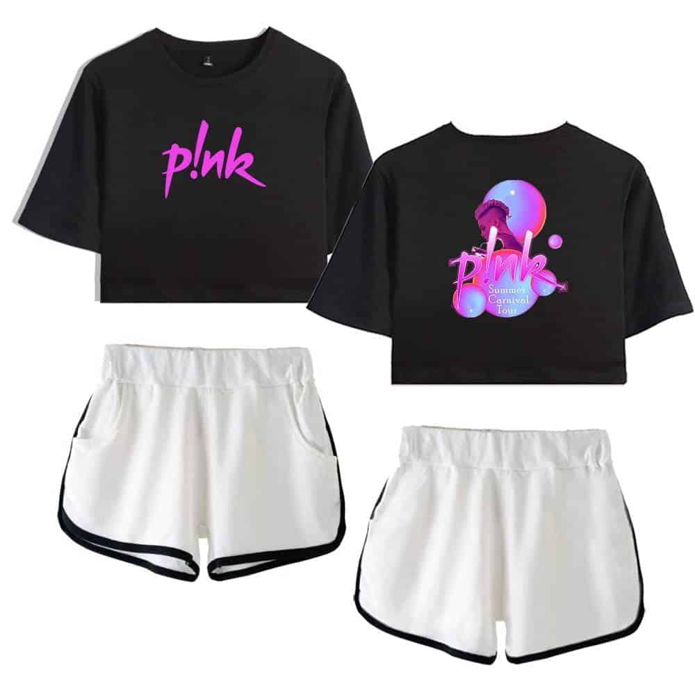 Plunk swag merch crop top and shorts set with vibrant pink and neon purple design.