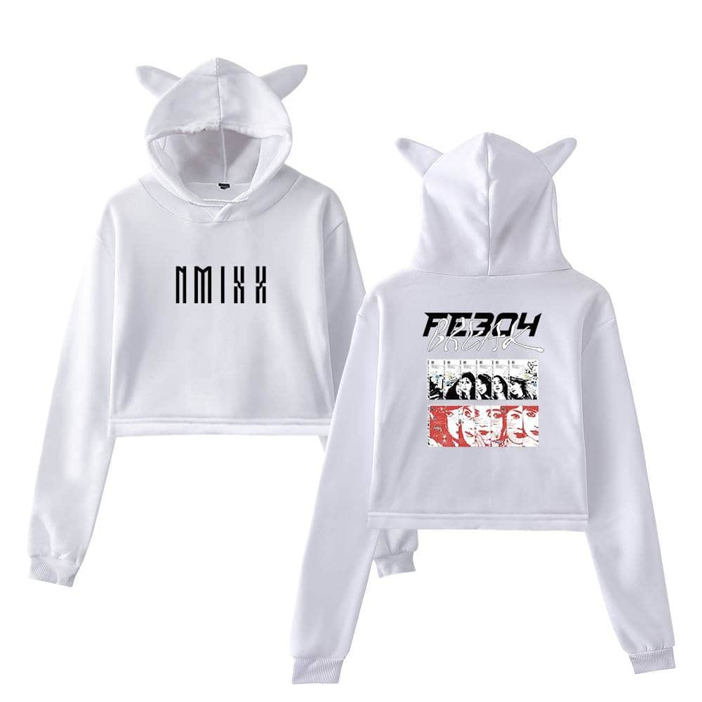 White hooded sweatshirt set with fun and trendy graphics, featuring playful text and photo prints inspired by Justin Bieber's swag merch collection, perfect for fans and streetwear enthusiasts.
