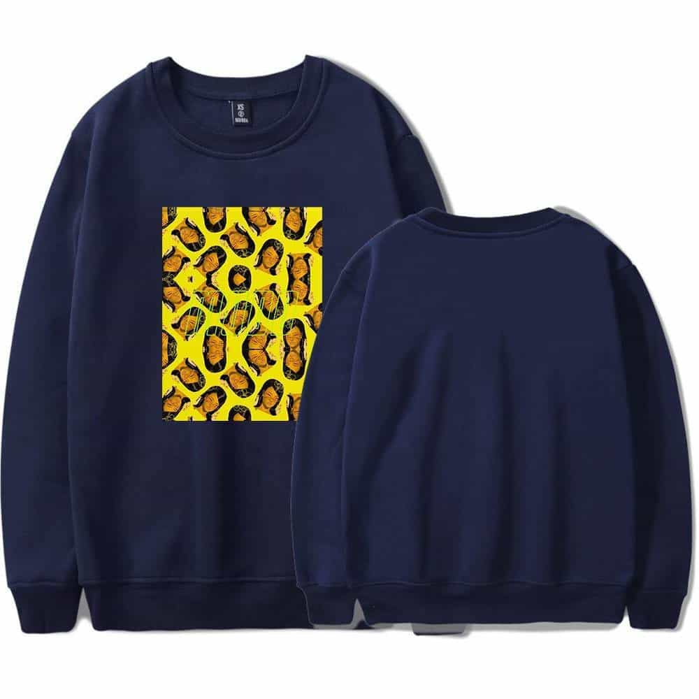 Leopard print Justin Bieber swag sweatshirt featuring a graphic of the artist's face in a trendy, bold design, perfect for fans seeking fashionable merch.