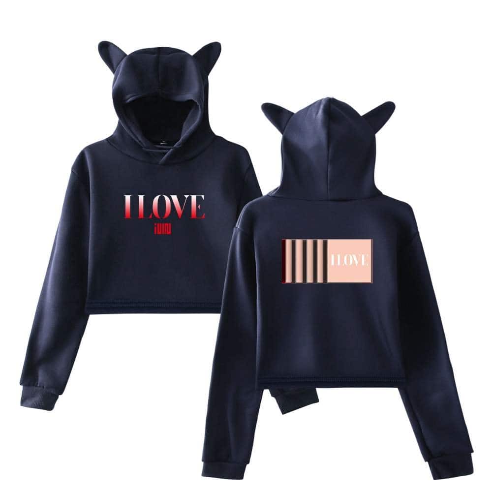 Black hoodie and sweatpants set with "I LOVE" text and striped pattern, featuring stylish animal ear details on the hood, inspired by Justin Bieber's swag merchandise.