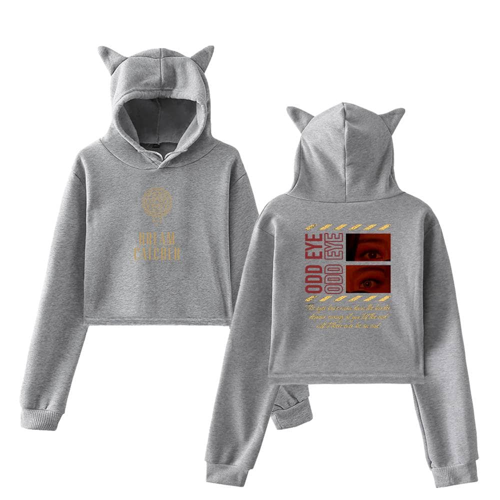 Gray hoodie and sweatpants set with "ODD EYE" graphics and cat ear design, inspired by Justin Bieber swag merchandise. Perfect for casual streetwear looks.