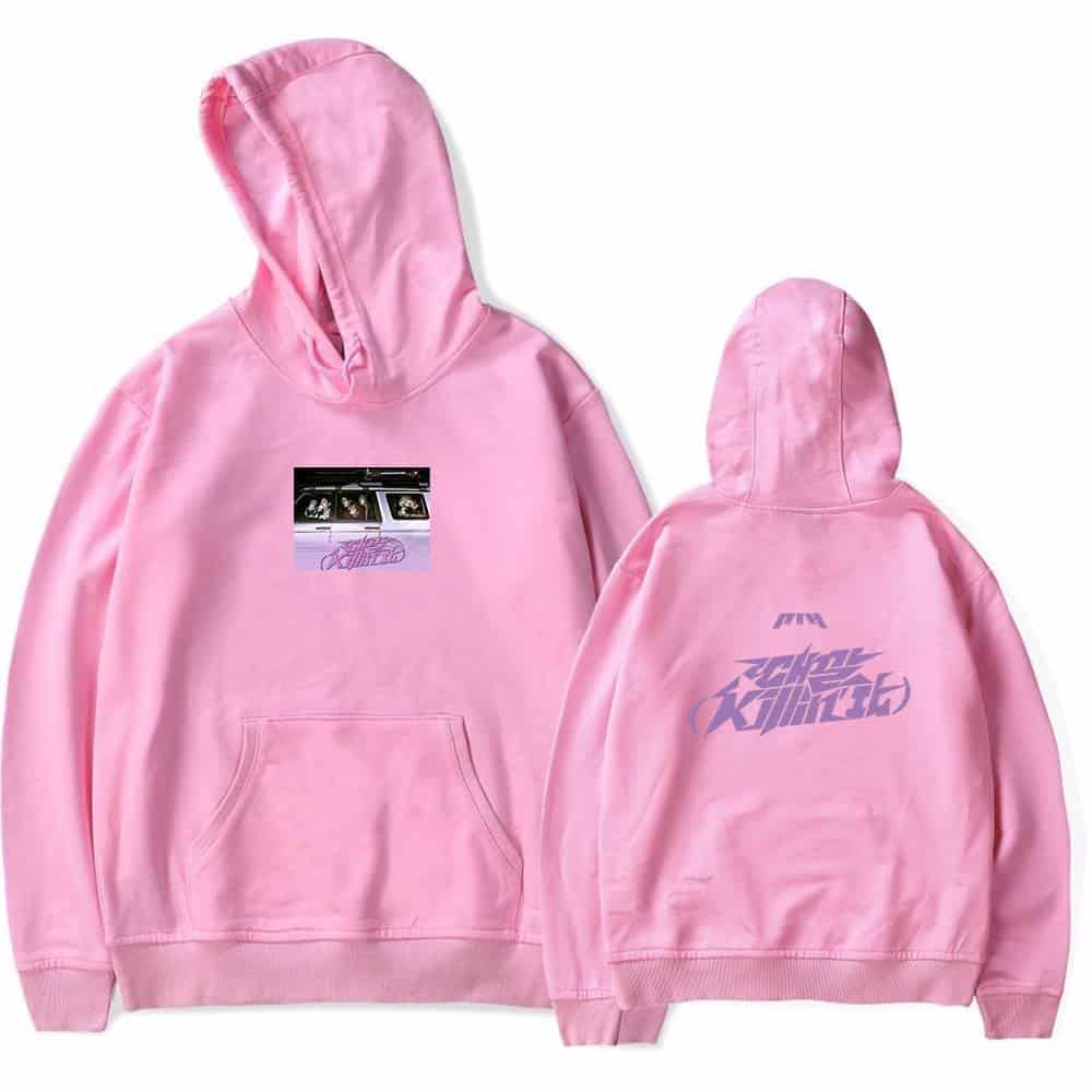 Pink Justin Bieber swag hoodie featuring graphic prints on front and back, perfect for fans of music merchandise and streetwear fashion.