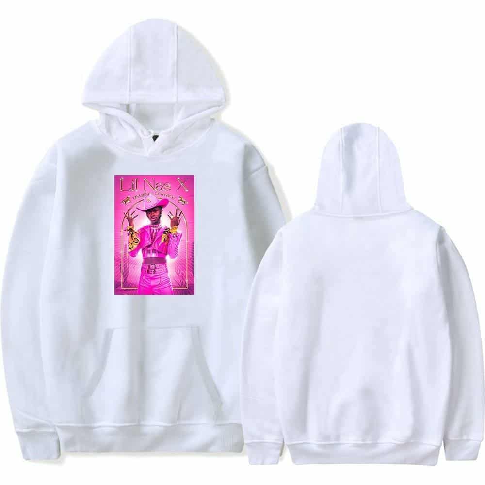 LiL Nas X swag hoodie with vibrant pink graphic print of the rapper in cowboy outfit, perfect for fans of urban streetwear and pop culture.