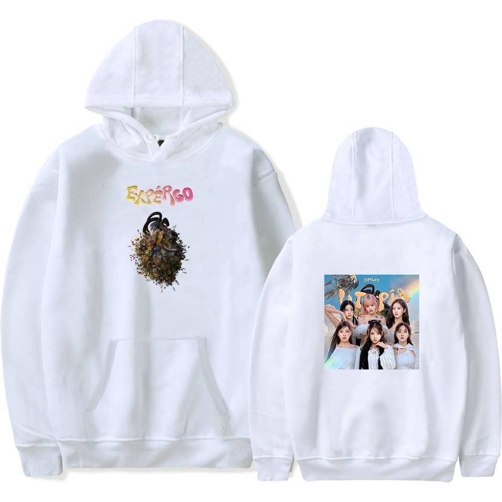 High-quality white hoodie featuring Justin Bieber's "Externo" logo and a colorful floral heart graphic on the front, with a vibrant group photo of Bieber's girl group on the back, perfect for fans of swag merch.