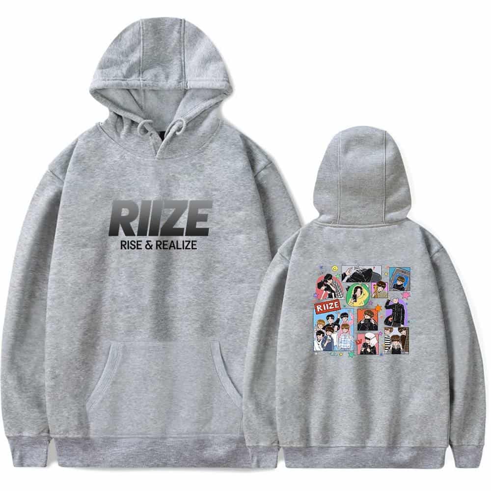 RIZZE hoodie with graphic design and "RISE & REALIZE" text in bold on the front.
