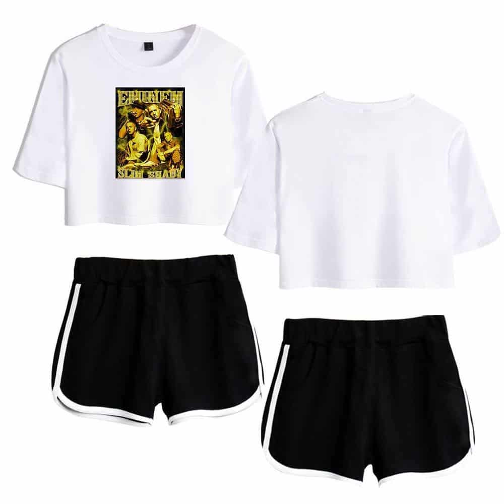 Justin Bieber swag merch crop top with graphic print and sporty black shorts with white trim, perfect for casual streetwear fashion.