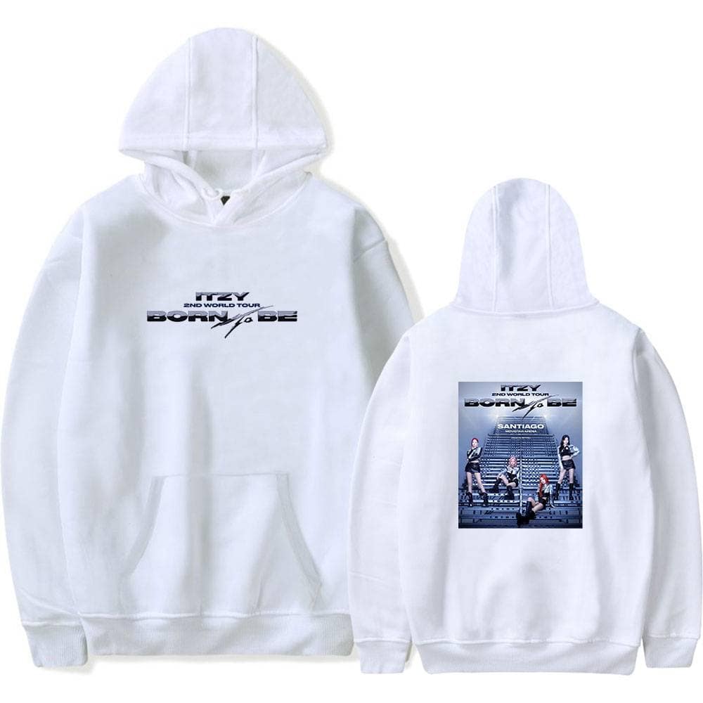 High-quality white hoodie with "Justin Bieber 2nd World Tour Born to Be" logo on the front and a stylish concert photo on the back, perfect for fans and swag merchandise collection.