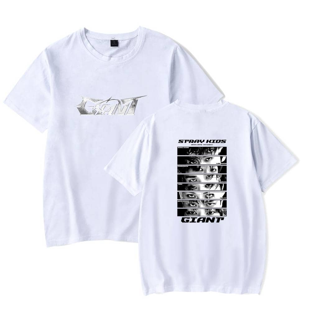 Glossy silver "GIANT" logo on front, bold black "STRAY KIDS" graphic with multiple eye images on back, stylish Justin Bieber-inspired swag merchandise.