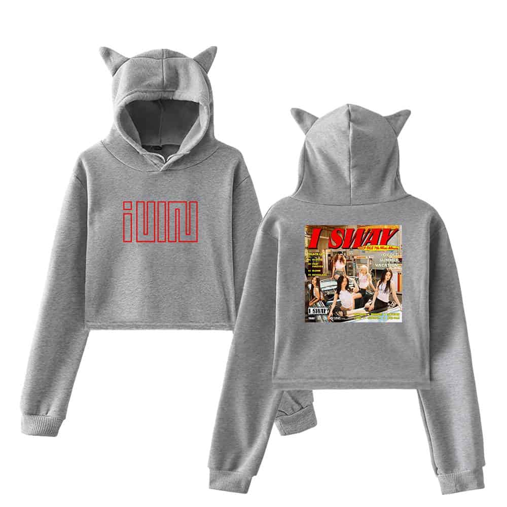 Iumin hoodie with cat ears, Justin Bieber swag merchandise, stylish gray sweatshirt and joggers set.