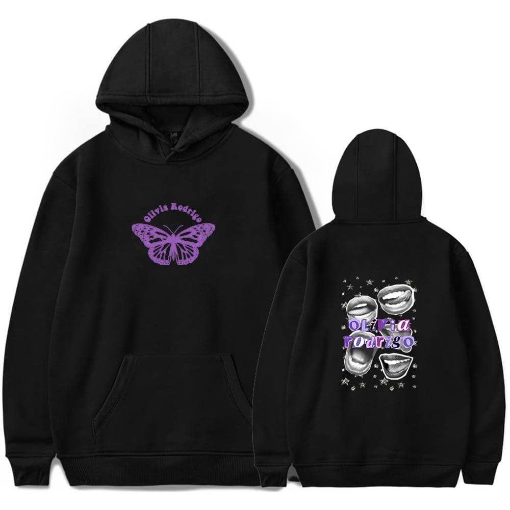 Butterfly Olivia Rodrigo hoodie with custom swag design featuring her name on the front and playful graphics on the back. Perfect for fans seeking trendy Bieber-inspired merch.
