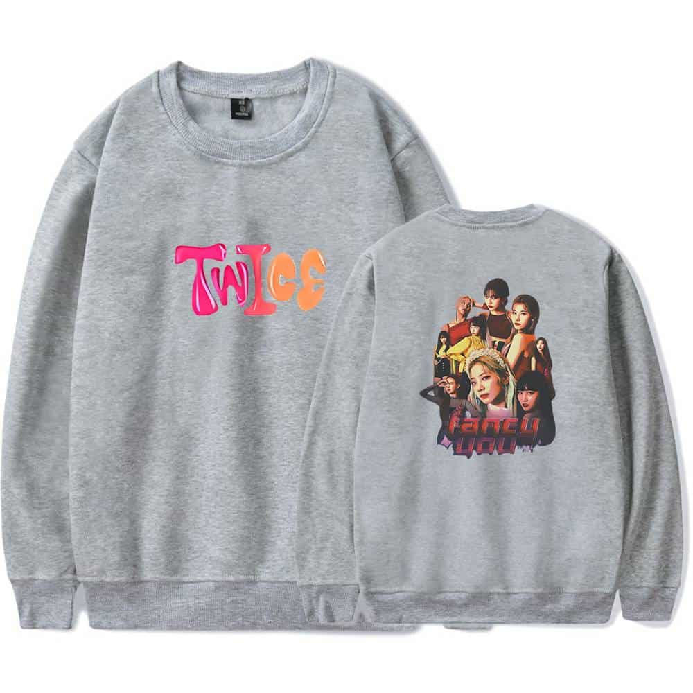 Twice K-pop girl group sweatshirt with colorful logo and group photo print.