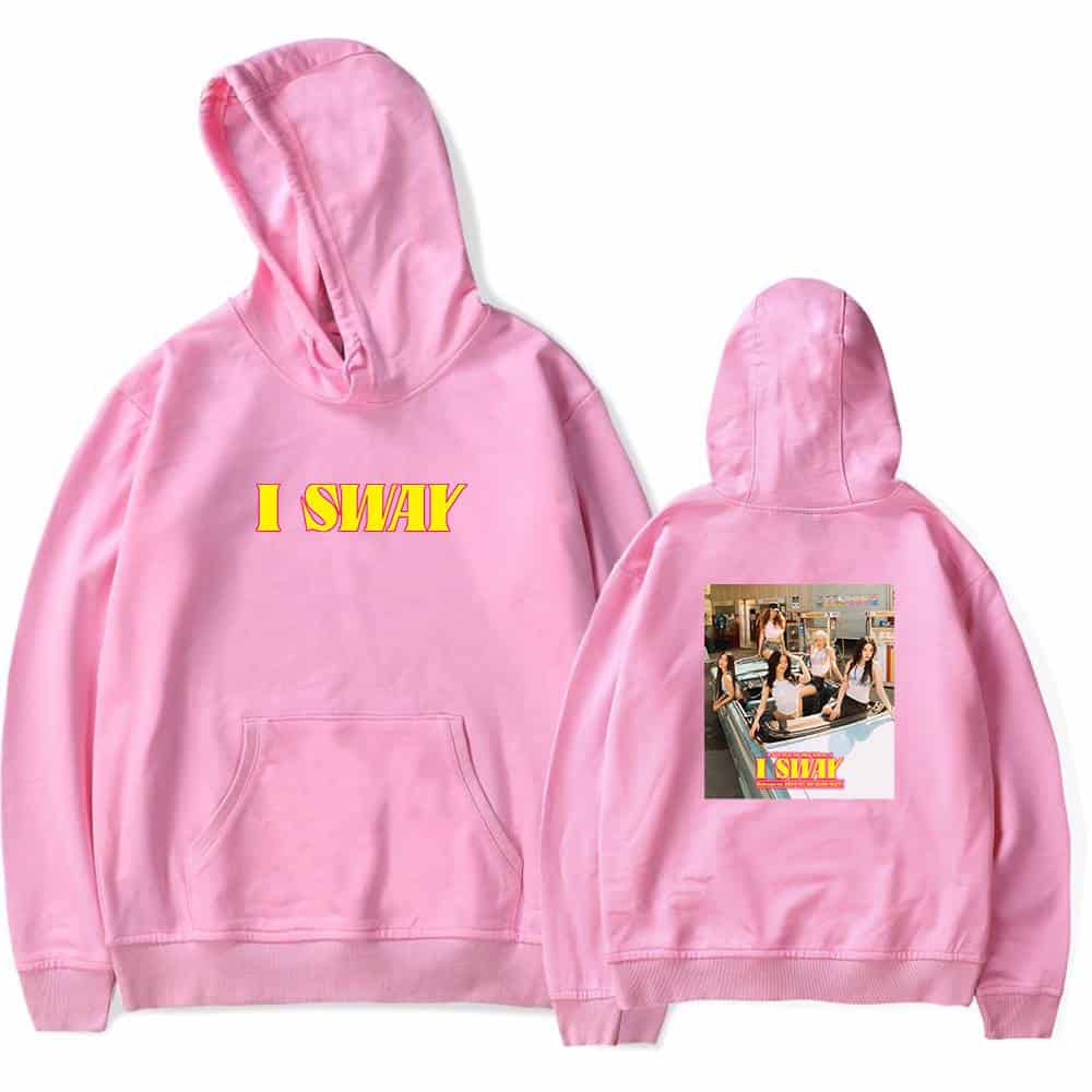 I SWAY pink hoodie with a graphic print of Justin Bieber fans at a showroom.
