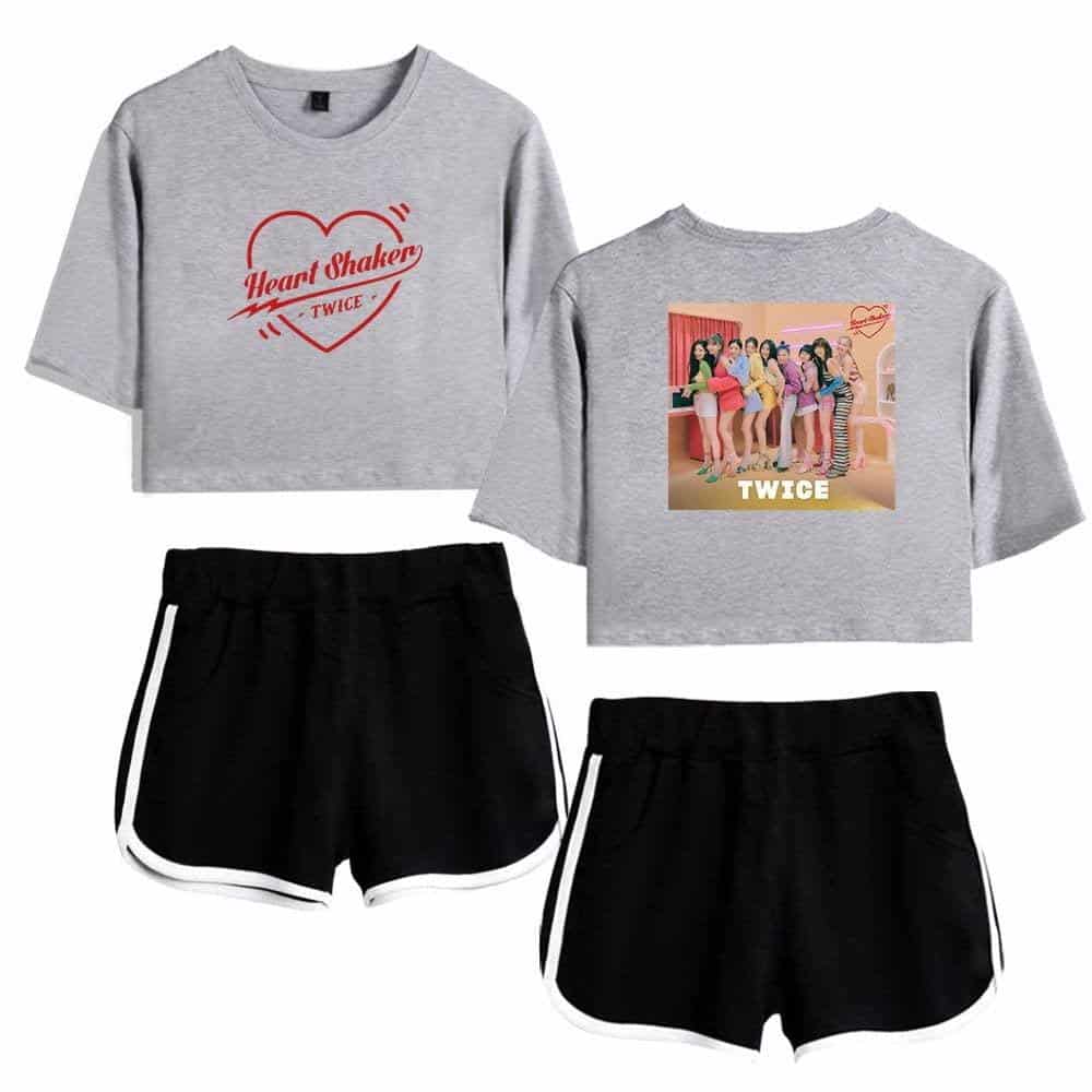 Heart Shaker TWICE cropped sweatshirt with graphic design and girl group photo merchandise, perfect for K-pop fans.