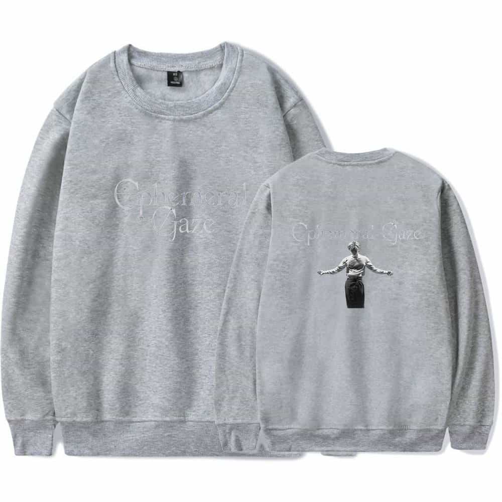 Gray sweatshirt featuring Justin Bieber swag and graphic design of a woman with open arms.