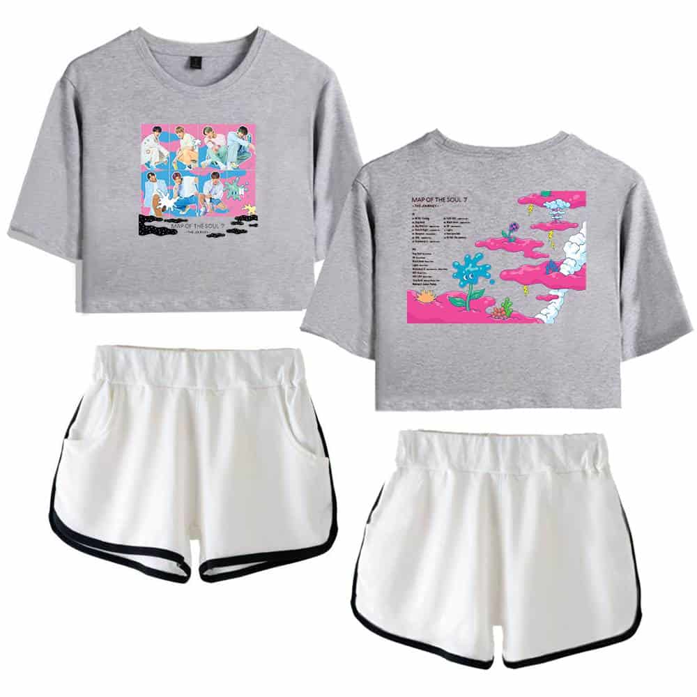 Justin Bieber swag merch cropped T-shirts featuring colorful, trendy graphic designs with playful artwork and lyrics, paired with casual white shorts with black trim for a fun, stylish look.