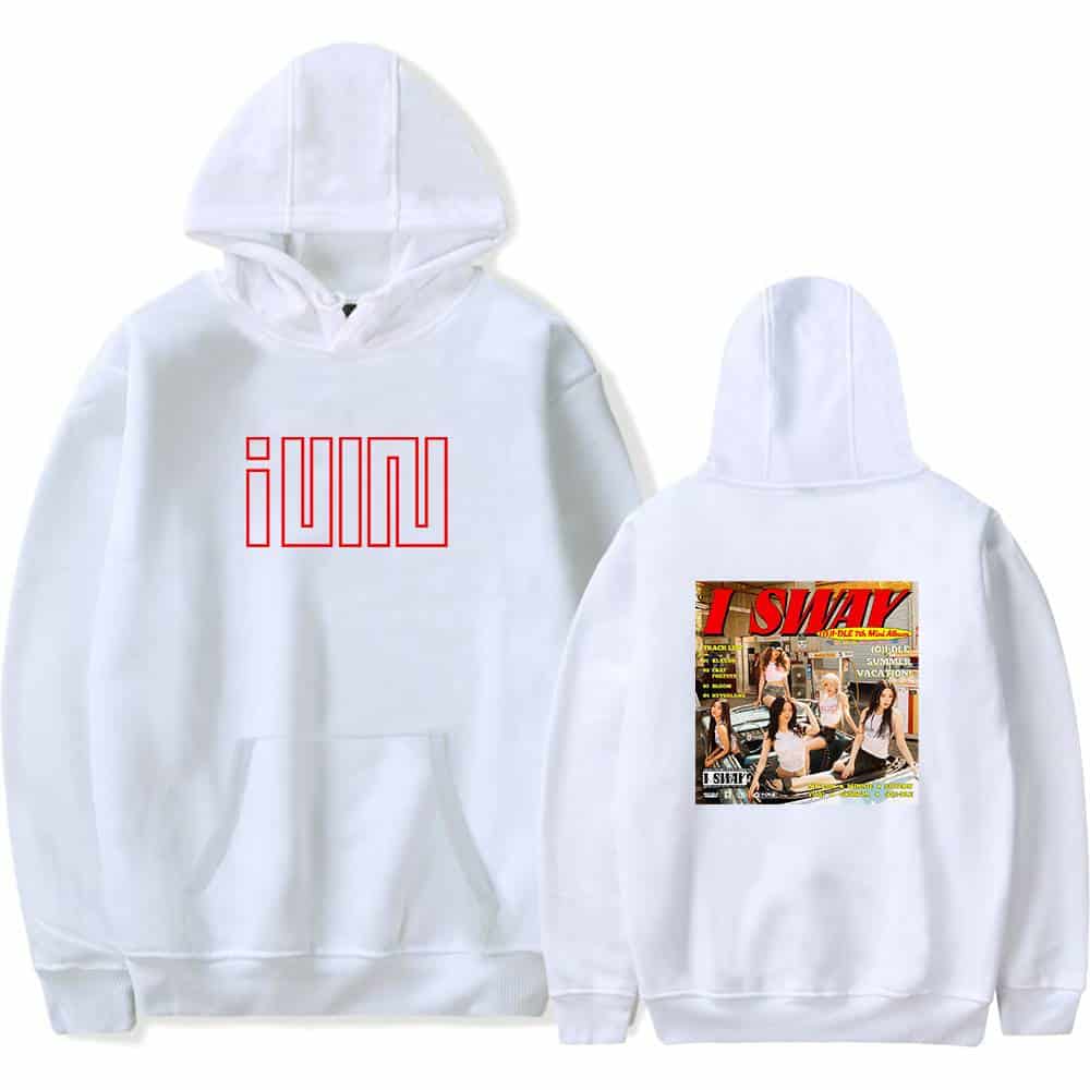 Iuwu sweatshirt with bold red "iuwu" logo on front, featuring a magazine cover design on the back, inspired by Justin Bieber swag merchandise.