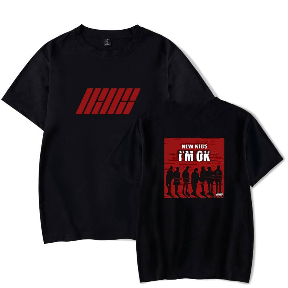 IHX logo graphic T-shirt with bold red and black design, featuring artistic stripes on the front and a silhouette graphic with "New Kids I'm OK" message on the back. Perfect swag merch for Justin Bieber fans.
