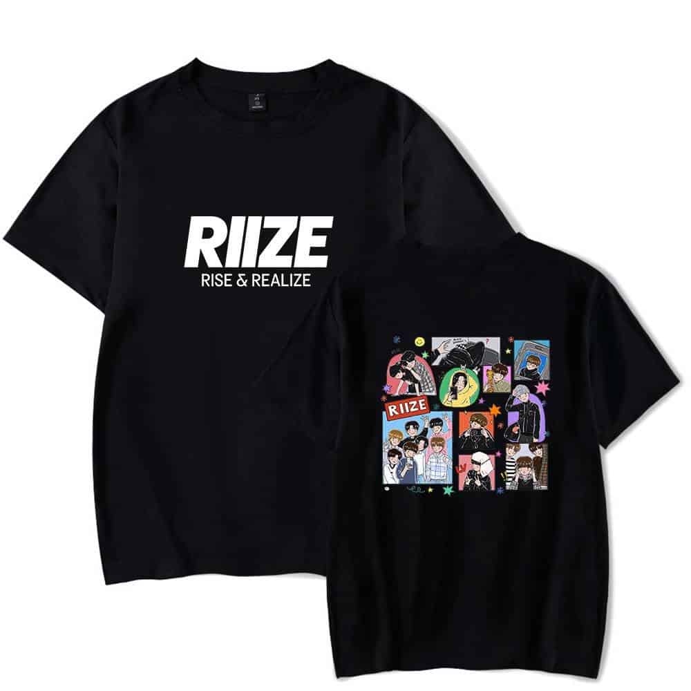 RIZE band t-shirts with bold logo and colorful illustrated group design, popular for Justin Bieber swag merch style.