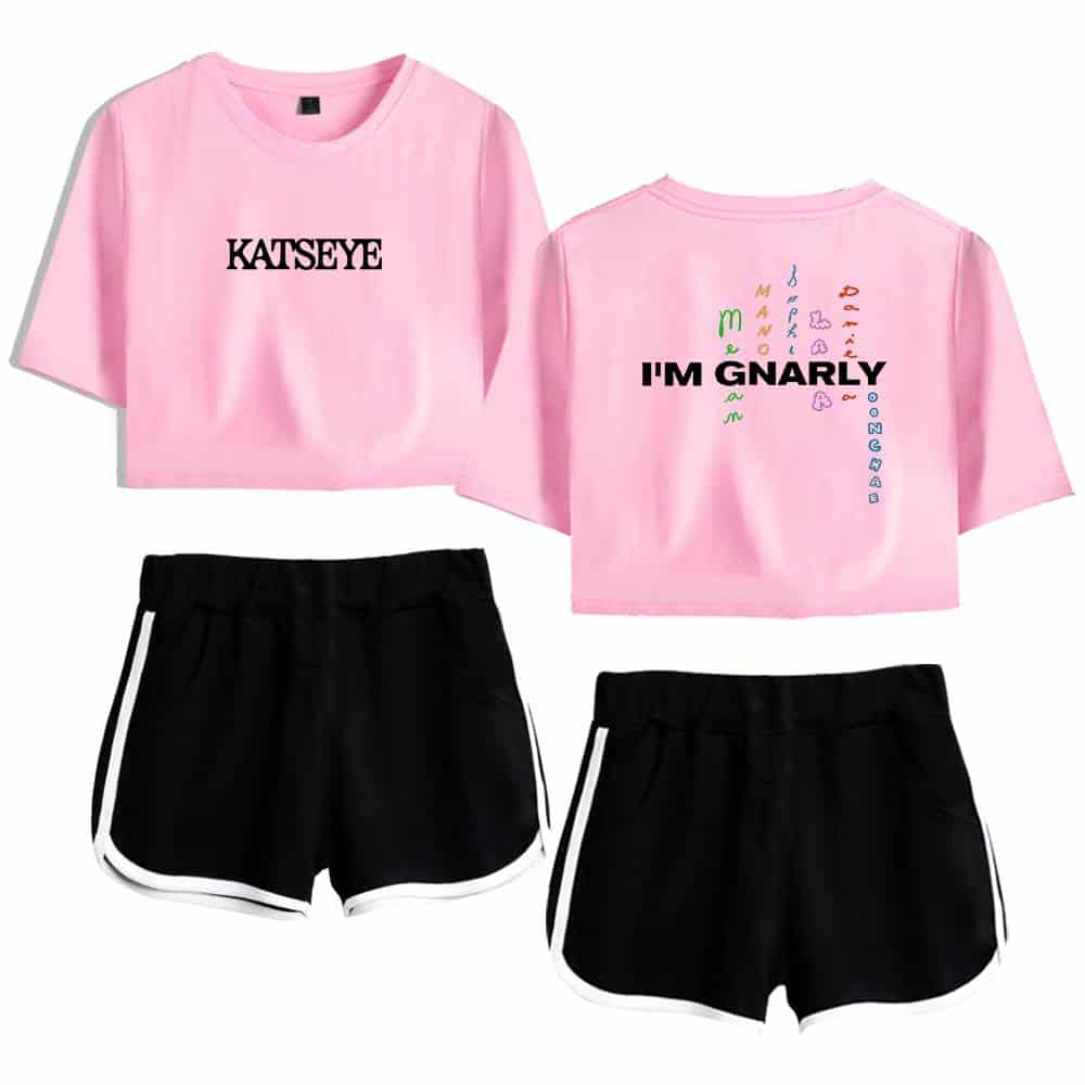 Justin bieber swag merch, pink casual t-shirts with bold graphic text and colorful designs, paired with black athletic shorts featuring white trim, perfect for fans of Justin Bieber's trendy streetwear style.