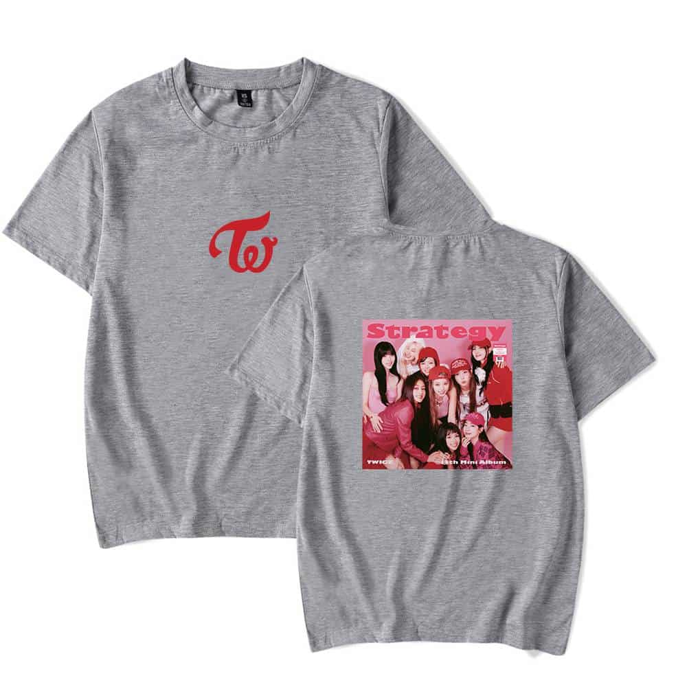 Twice strategy album graphic t-shirt,gray, front and back view.