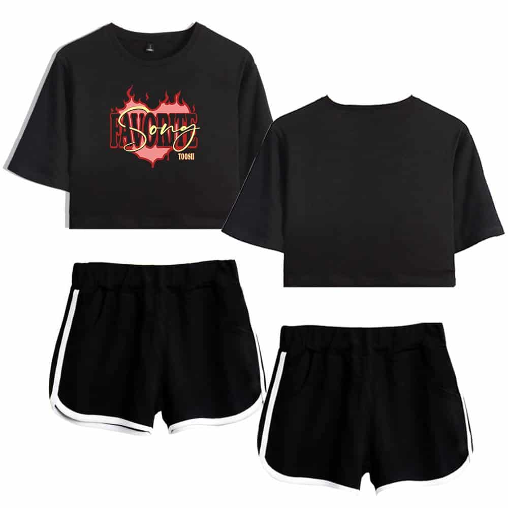 Black cropped T-shirts and shorts set featuring bold graphic and text designs inspired by Justin Bieber swag merch. Stylish, comfortable, and perfect for streetwear or casual outings.