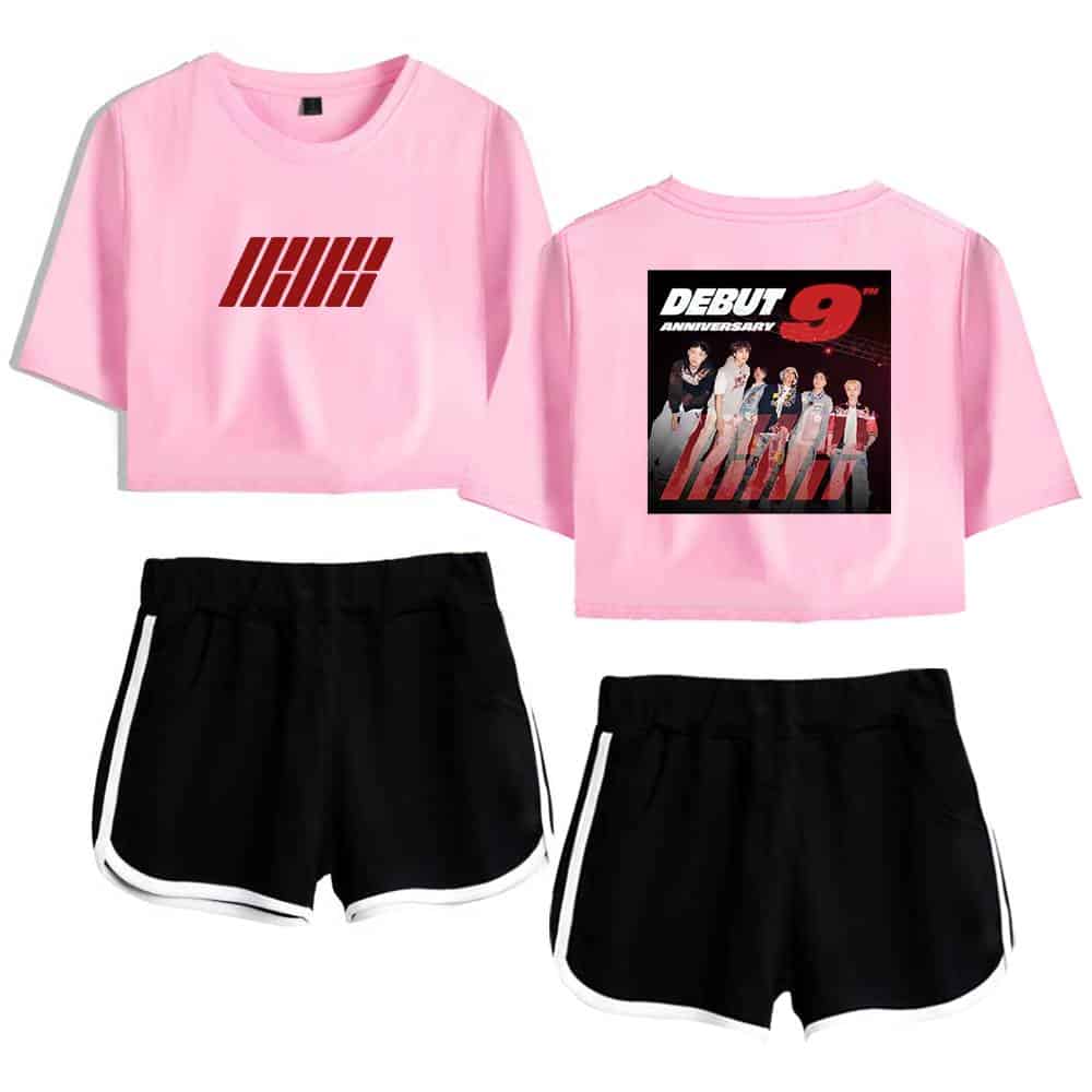 IHHiit graphic pink crop top with debut 9 anniversary print and black athletic shorts with white trim for Justin Bieber swag merch.