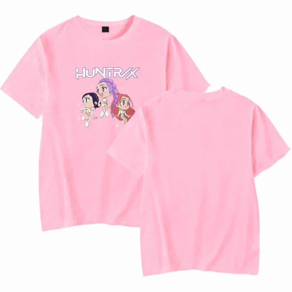 Huntax cartoon girls in space graphic T-shirt, pink casual wear with colorful anime-style characters, fun and trendy swag merchandise for fans.