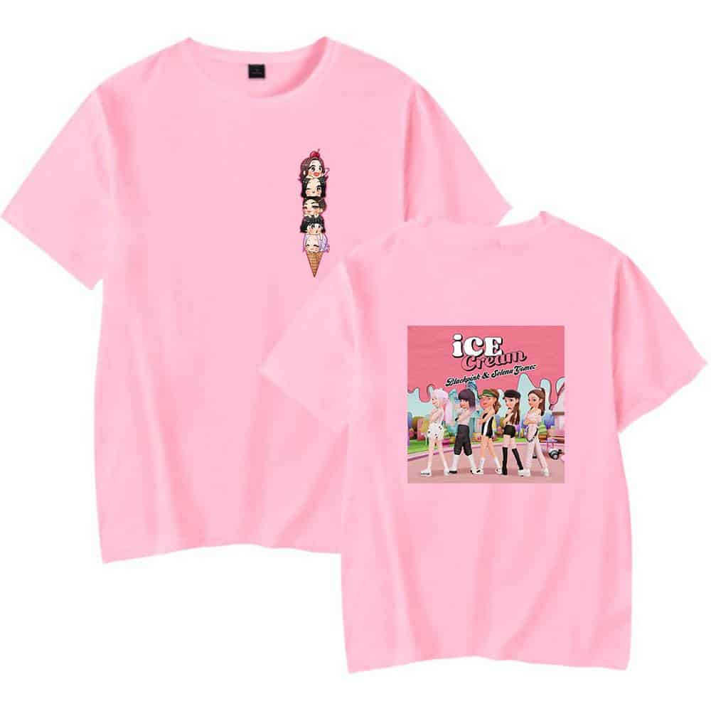 Pink Justin Bieber swag merch t-shirt with cartoon ice cream design and "ICE CREAM" graphic featuring Blackpink & Selena Gomez images, popular among fans of K-pop and pop music.