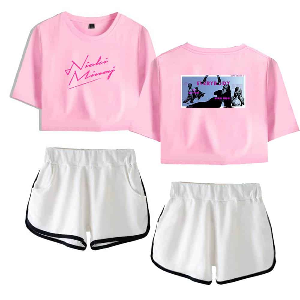 Pink Nicki Minaj swag merch t-shirt and shorts set, casual and stylish for music fans.