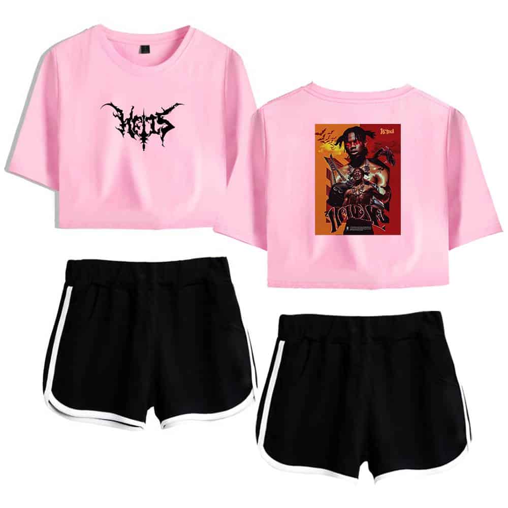 Hearts graphic pink crop top and black athletic shorts with white trim.