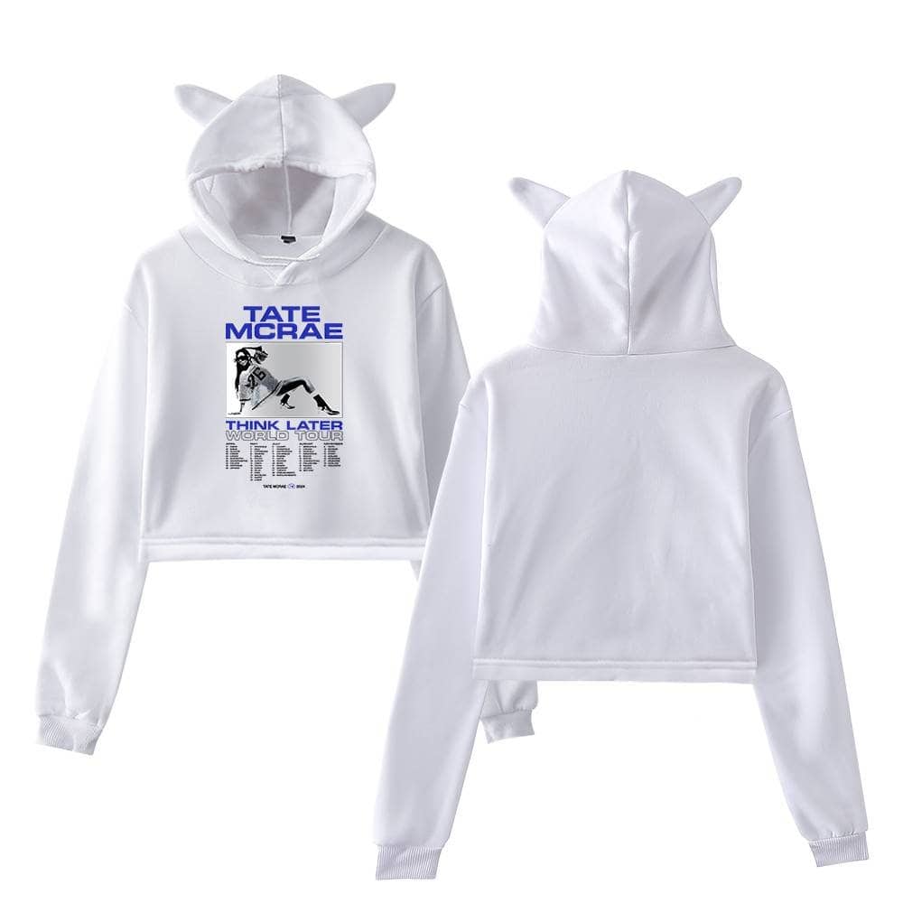 Tate McRae hoodie with animal ears, featuring her tour graphic and bold text on the front, perfect for fans of stylish swag merch.